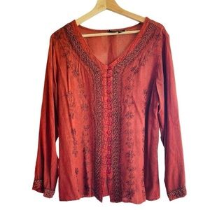 My Choice Boho Hippie Burnt Orange Embroidered Rayon Blouse Top L Large